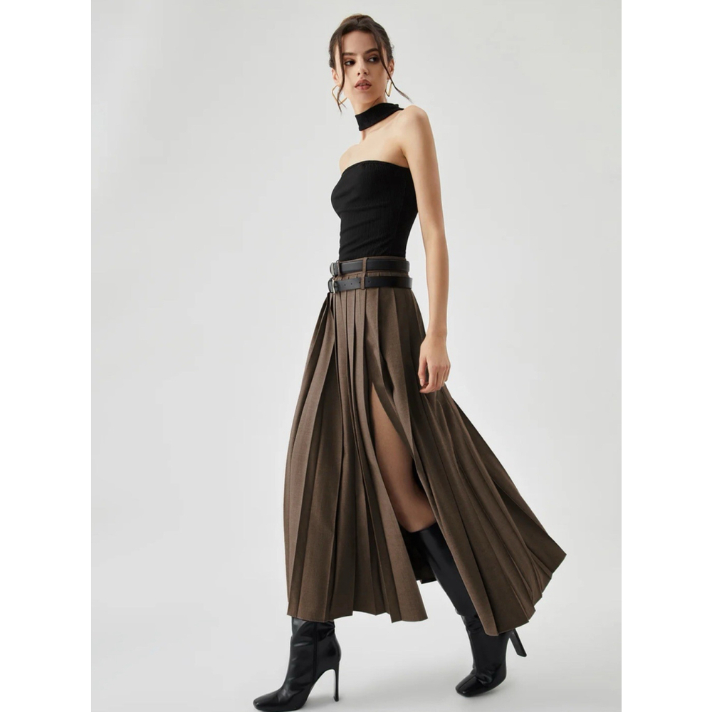 Commense NWT Pleated Split Maxi Skirt XS Brown 26” Waist Hi-Rise Slit 26” Waist